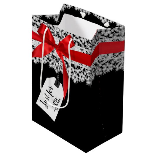 レース上の赤い弓 ミディアムペーパーバッグ (正面アングル)