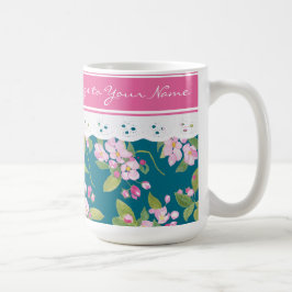レース付きダークブルーのピンクフェイクの花 コーヒーマグカップ