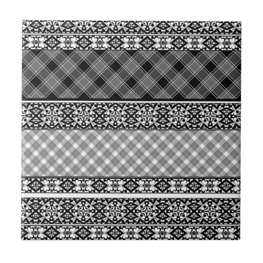 レース付き白ストライプの黒パッチワーク タイル (正面)