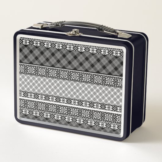 レース付き白ストライプの黒パッチワーク メタルランチボックス (正面)