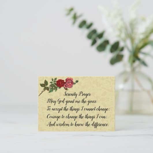 レース及びバラが付いている平静の祈りの言葉 名刺 (スタンド正面)