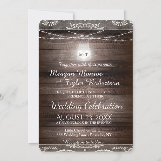 レース及びメーソンジャーとの素朴な国の結婚式 招待状 (正面)