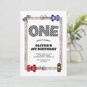レース市松模様にカーフラッグボーイの誕生日 招待状 (スタンド正面)