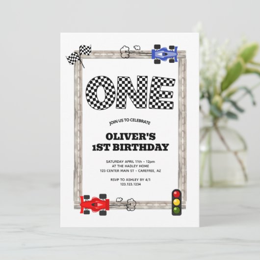 レース市松模様にカーフラッグボーイの誕生日 招待状 (スタンド正面)