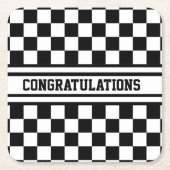 レース市松模様に勝者フラグ白黒 スクエアペーパーコースター (正面)