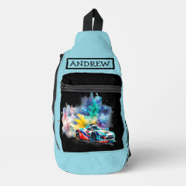 レース改造カー市松模様にバナー – パーソナライズされた スリングバッグ