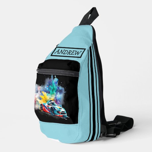 レース改造カー市松模様にバナー – パーソナライズされた スリングバッグ (右コーナー)