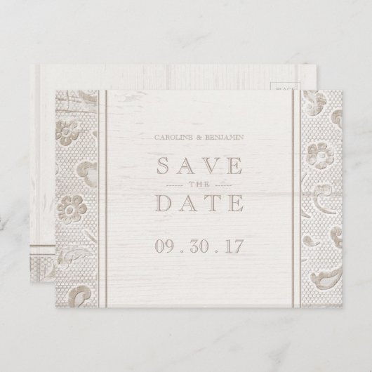 レース木材の素朴な田舎の結婚式は日付を保存 案内ポストカード (正面/裏面)