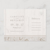 レース木材の素朴な田舎の結婚式は日付を保存 案内ポストカード (裏面)