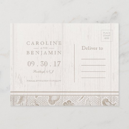 レース木材の素朴な田舎の結婚式は日付を保存 案内ポストカード (裏面)