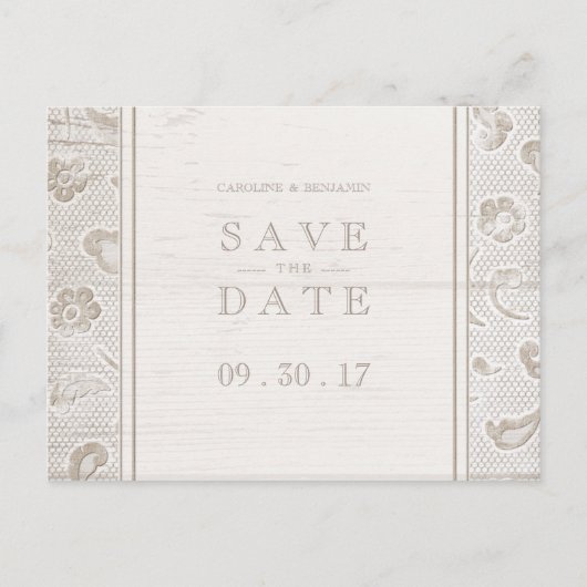 レース木材の素朴な田舎の結婚式は日付を保存 案内ポストカード (正面)