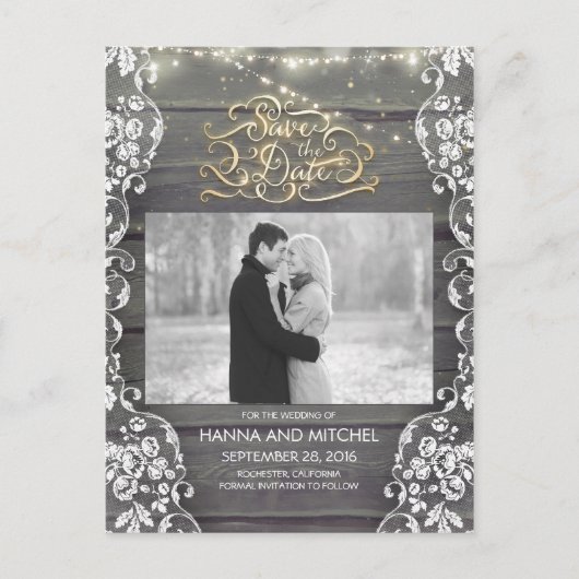 レース木製のストリングラ素朴イト写真の日付を保存 案内ポストカード (正面)