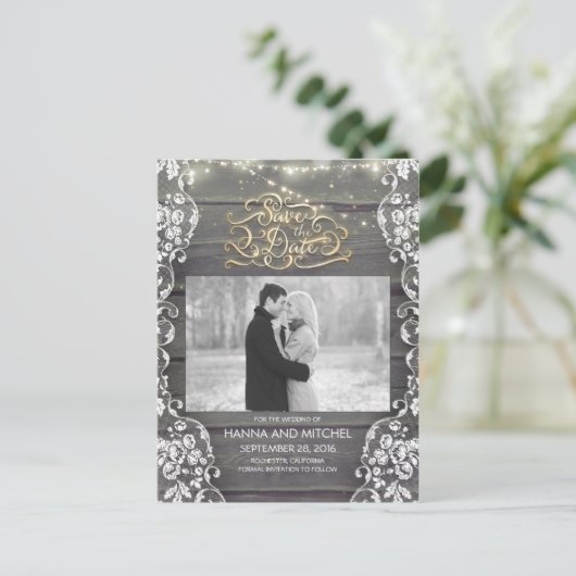 レース木製のストリングラ素朴イト写真の日付を保存 案内ポストカード (スタンド正面)