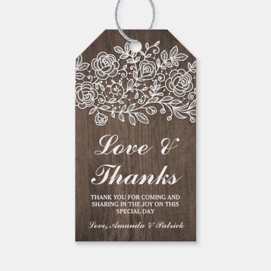 レース素朴とカントリー・ウッド結婚ズ・サンキュー ギフトタグ (正面)