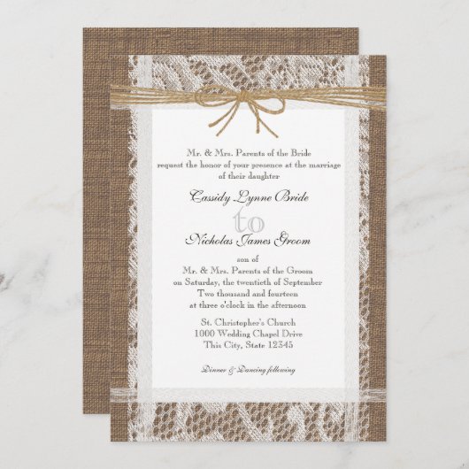 レース素朴とジュートのトイ結婚ンの 招待状 (正面/裏面)