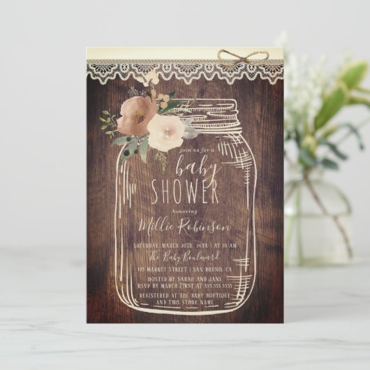 レース素朴とトウェイン |フローラメイスンジャーの赤ちゃんシャワー 招待状 (スタンド正面)