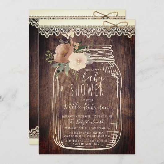 レース素朴とトウェイン |フローラメイスンジャーの赤ちゃんシャワー 招待状 (正面/裏面)