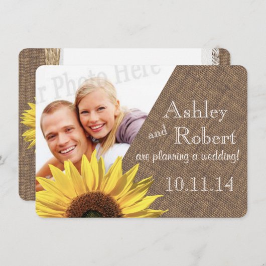 レース素朴とヒマワリの写真デートを保存 招待状 (正面/裏面)