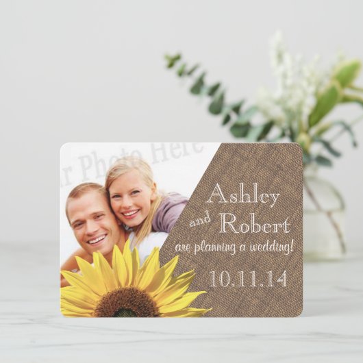 レース素朴とヒマワリの写真デートを保存 招待状 (スタンド正面)
