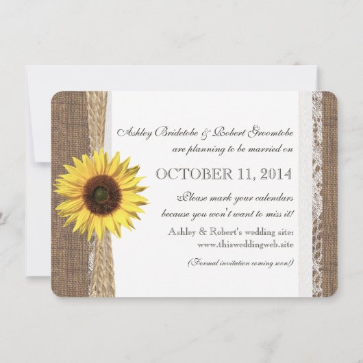 レース素朴とヒマワリの写真デートを保存 招待状 (裏面)