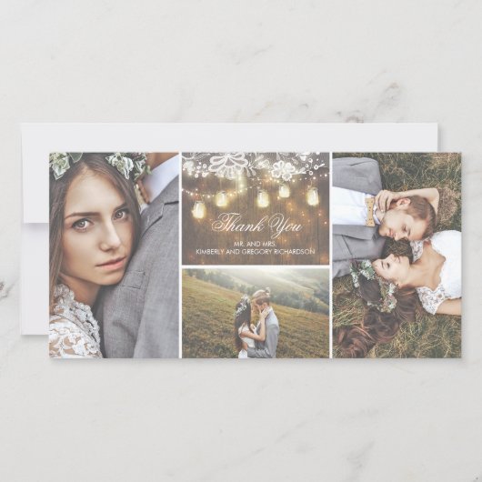 レース素朴とメイスンのジャー結婚ライト サンキューカード (正面)