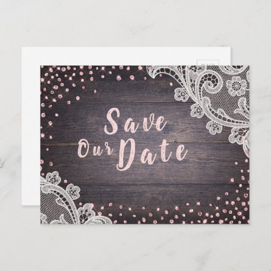 レース素朴と木材赤面グリッター日付を保存 案内ポストカード (正面/裏面)