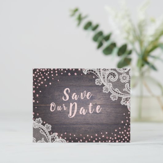 レース素朴と木材赤面グリッター日付を保存 案内ポストカード (スタンド正面)