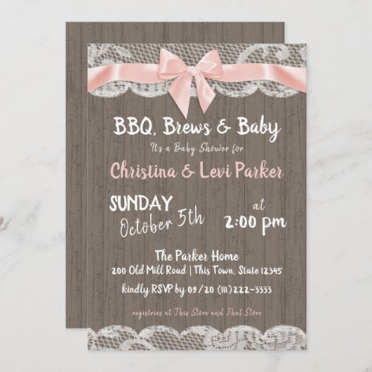 レース素朴と木製の赤ちゃんシャワー 招待状 (正面/裏面)