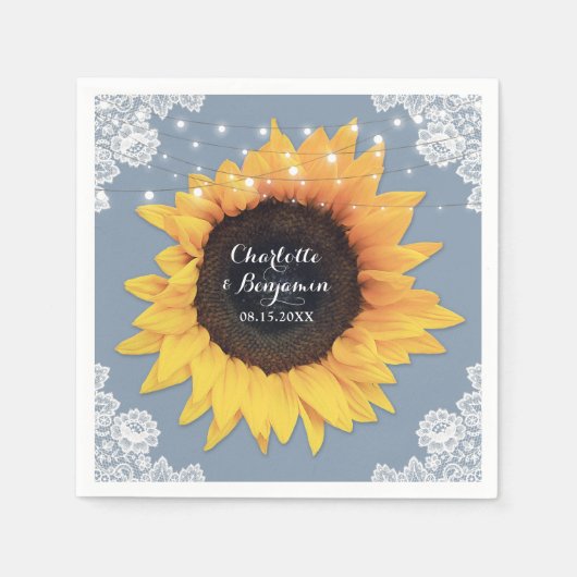 レース素朴ひまわりダスティブルー結婚ズ スタンダードカクテルナプキン (正面)