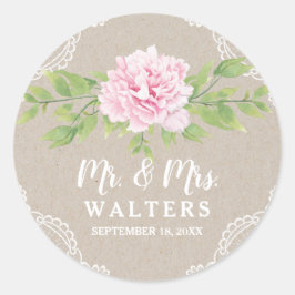 レース素朴クラフトピンク水彩の花 | 結婚s ラウンドシール