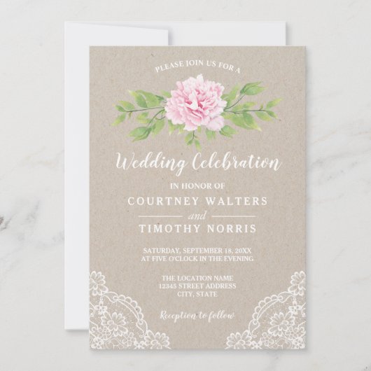 レース素朴クラフト水彩ピンクの花結婚の 招待状 (正面)