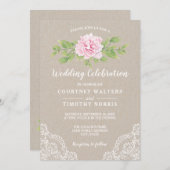 レース素朴クラフト水彩ピンクの花結婚の 招待状 (正面/裏面)