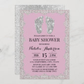 レース素朴シルバー足ピンクグリルベビーシャワー 招待状 (正面/裏面)