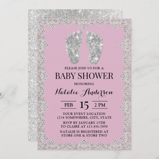 レース素朴シルバー足ピンクグリルベビーシャワー 招待状 (正面/裏面)
