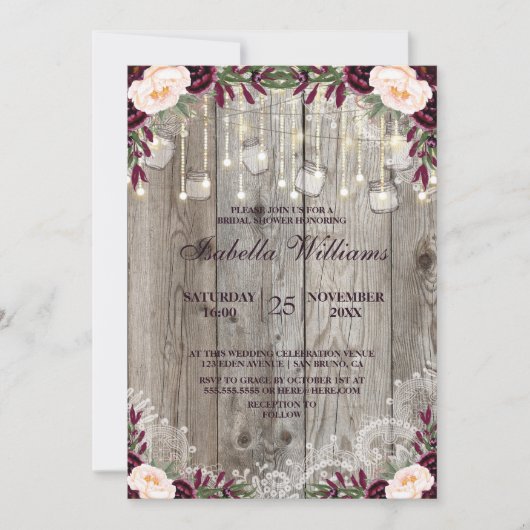 レース素朴ジャーの木製ストリングライト |ブライダルシャワー 招待状 (正面)