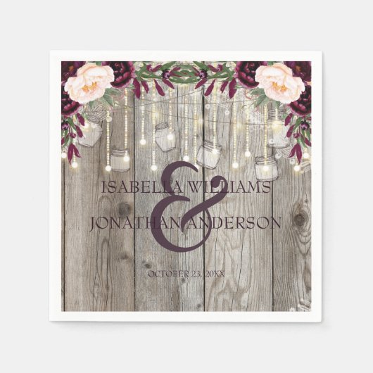 レース素朴ジャールウッド&ストリングライト結婚ズ スタンダードカクテルナプキン (正面)