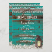 レース素朴ティール(緑がかった色)バーンランタンブライダルシャワー 招待状 (正面/裏面)