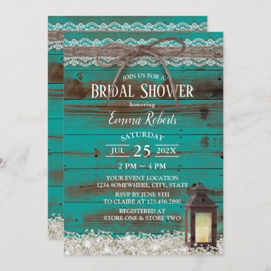 レース素朴ティール(緑がかった色)バーンランタンブライダルシャワー 招待状 (正面/裏面)