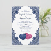 レース素朴ネイビーブルーとピンクフローラズ結婚 招待状 (スタンド正面)