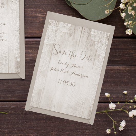 レース素朴バフェイクンウッドウェディング日付を保存 招待状