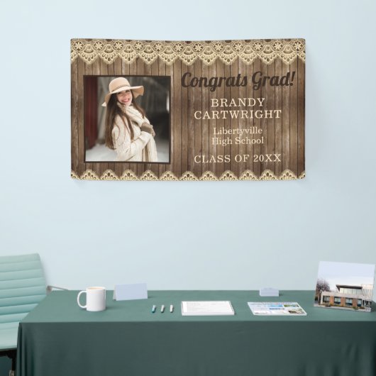 レース素朴写真付きカントリーウッド卒業 横断幕 (トレードショー)