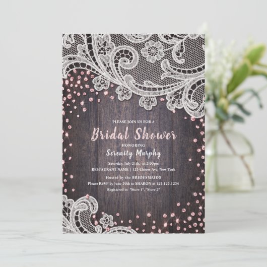 レース素朴及び木材赤面グリッターブライダルシャワー 招待状 (スタンド正面)