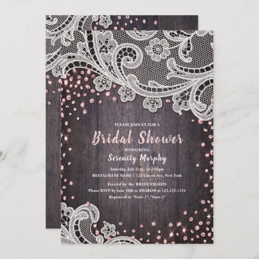 レース素朴及び木材赤面グリッターブライダルシャワー 招待状 (正面/裏面)