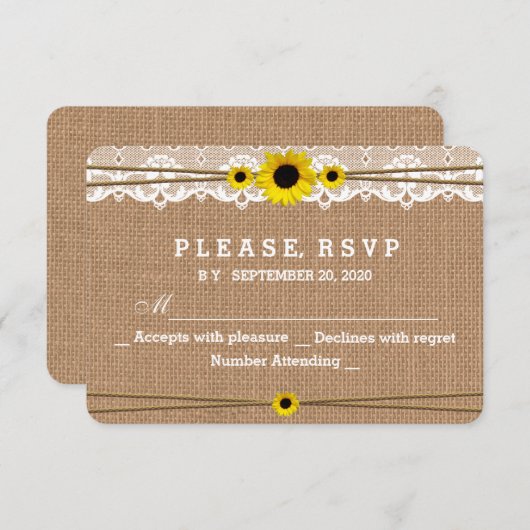 レース素朴、サンフラワーズ、バーラップウェディングRSVP 出欠カード (正面/裏面)