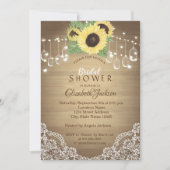 レース素朴、メイソンジャー、ストリングライト、ひまわり 招待状 (正面)