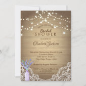 レース素朴、ラバンダー・メイソン・ジャー、ストリングライト 招待状 (正面)