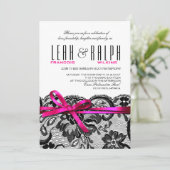 レース結婚のリボン | 白い黒い暗い赤紫色 招待状 (スタンド正面)