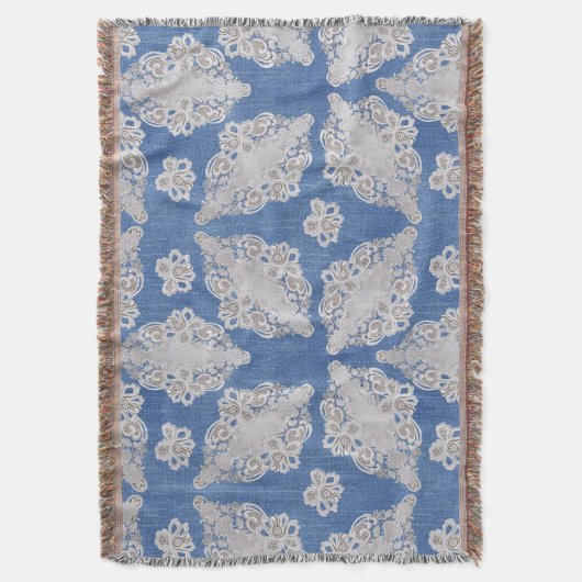 レース繰り返しパターンを使用したデニムテクスチャ スローブランケット (正面縦)