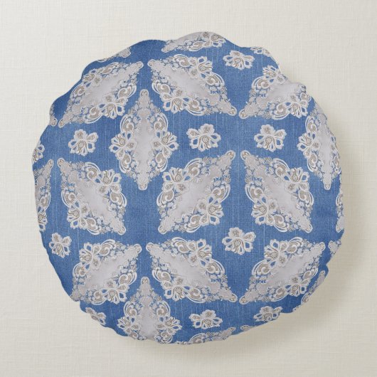 レース繰り返しパターンを使用したデニムテクスチャ ラウンドクッション (裏面)