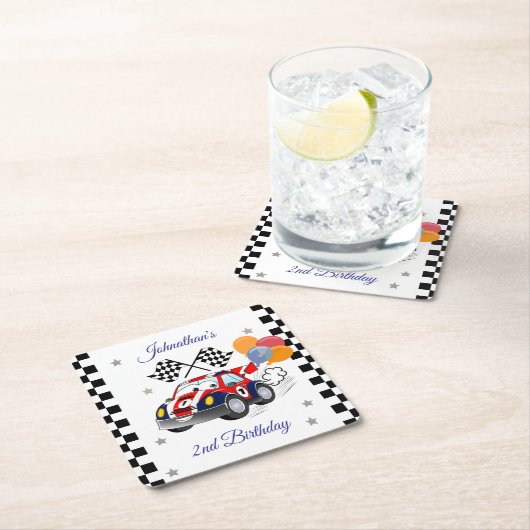 レース誕生日パーティー | レースカー&フラ市松模様にグ スクエアペーパーコースター (インサイチュ)